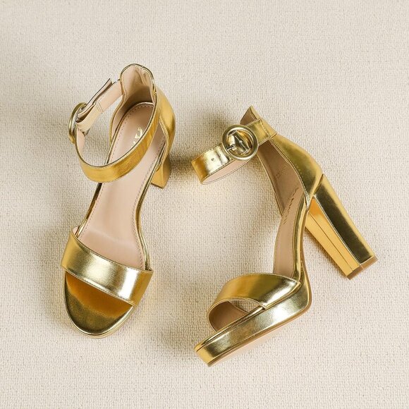 Amoji Women Pu-gold Faux Suede Open Toe High Heel Chunky Platform Sandals - Picture 5 of 7